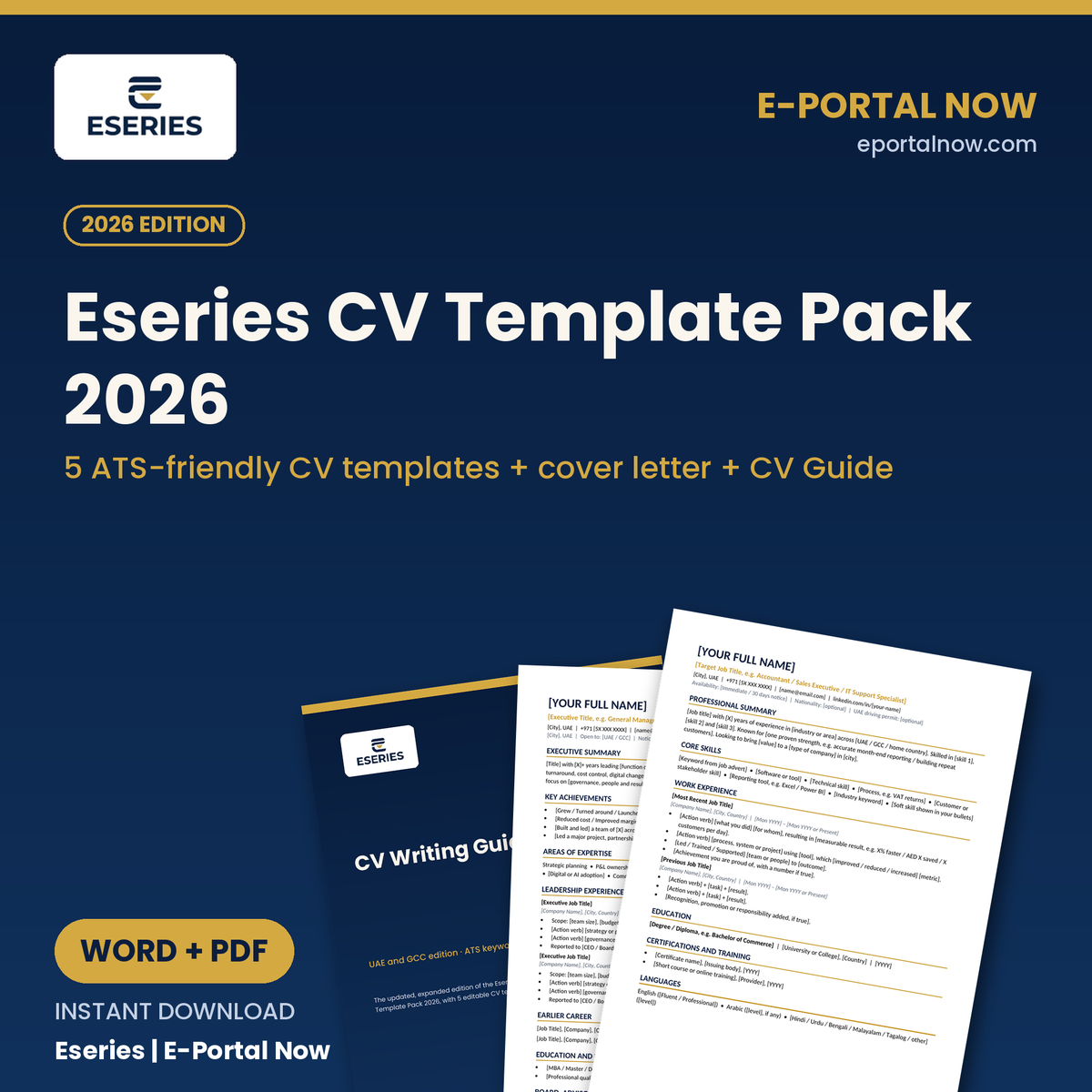 Eseries CV Template Pack 2026 by E-Portal Now: 5 ATS-friendly CV templates, cover letter and CV Writing Guide 2026