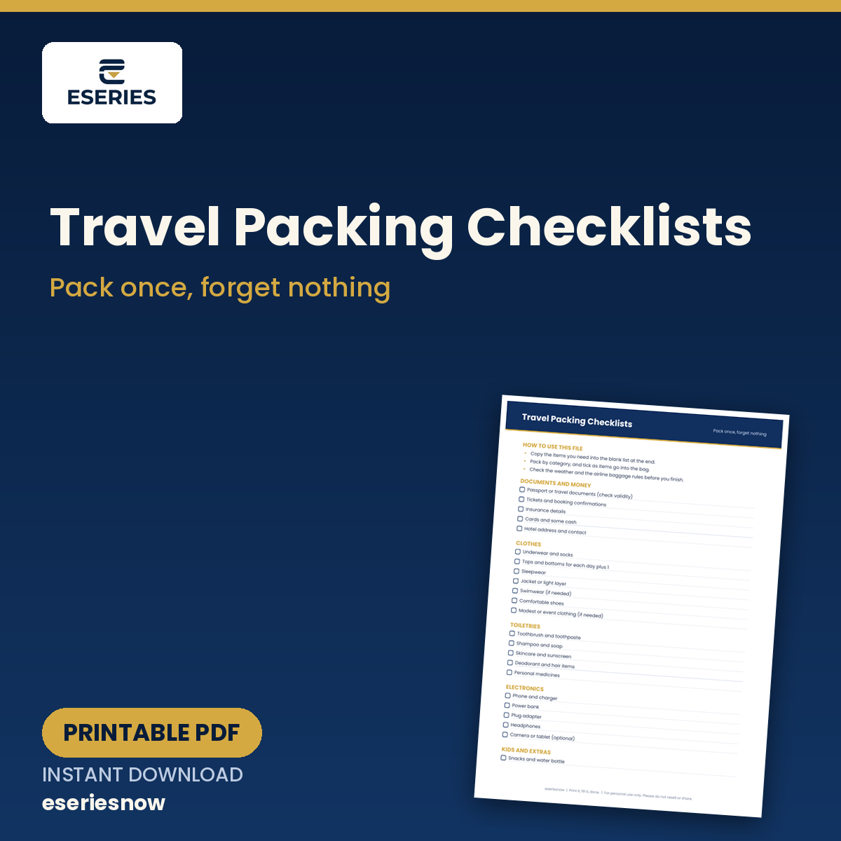 Travel Packing Checklists (Printable PDF) cover