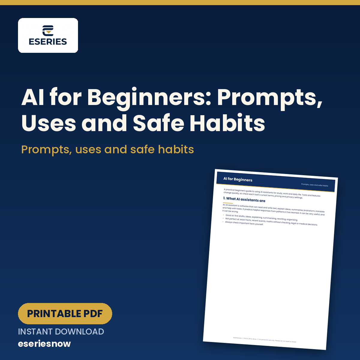 AI for Beginners: Prompts, Uses and Safe Habits (Printable PDF) cover