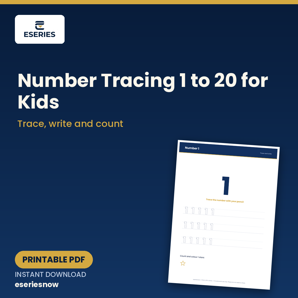 Number Tracing 1 to 20 for Kids (Printable PDF) cover