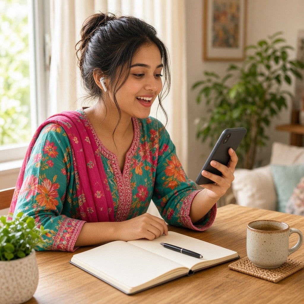 Young woman practising spoken English on her phone