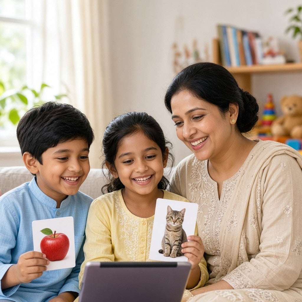 Mother and two children learning English with picture cards