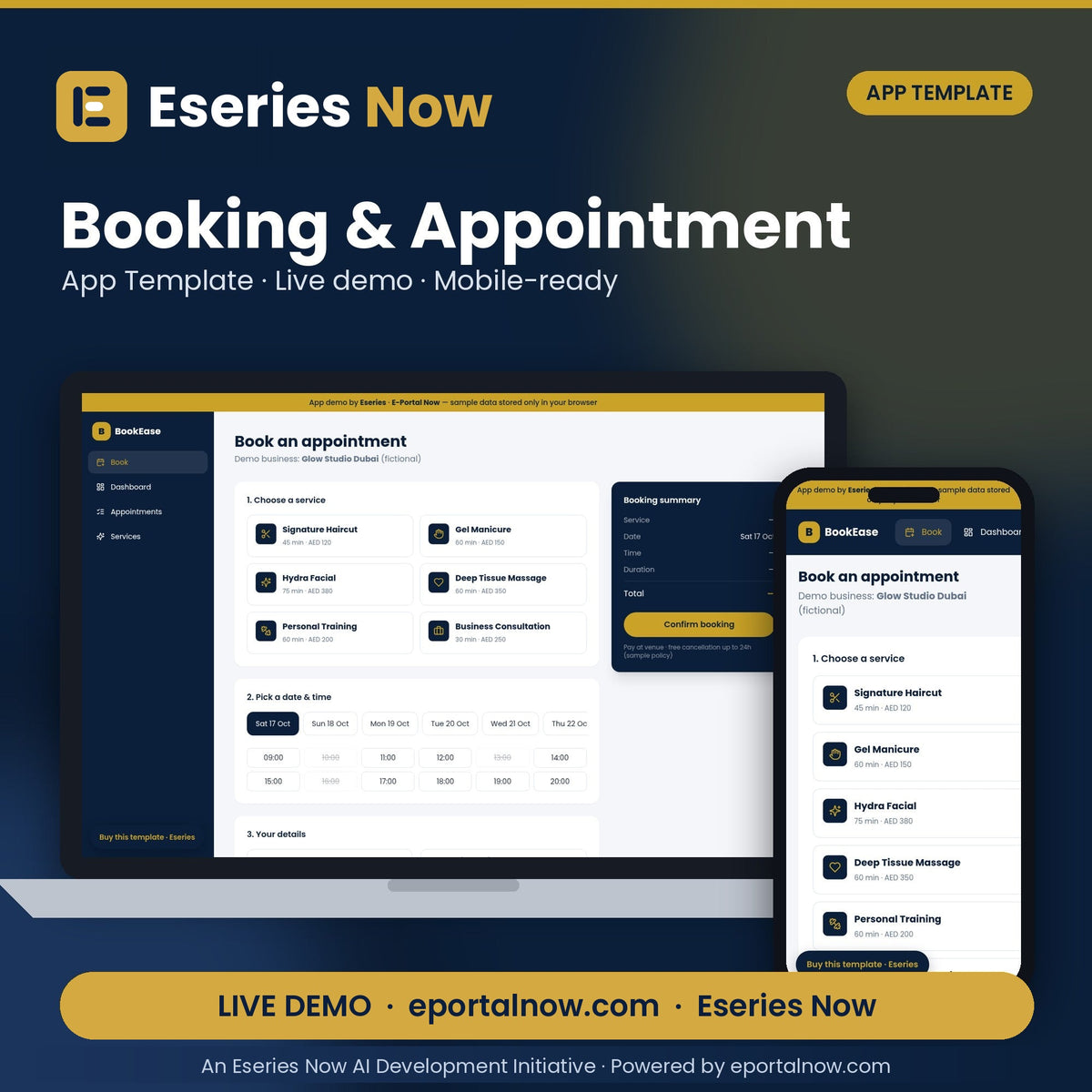 Booking & Appointment App Template – cover image, Eseries Now