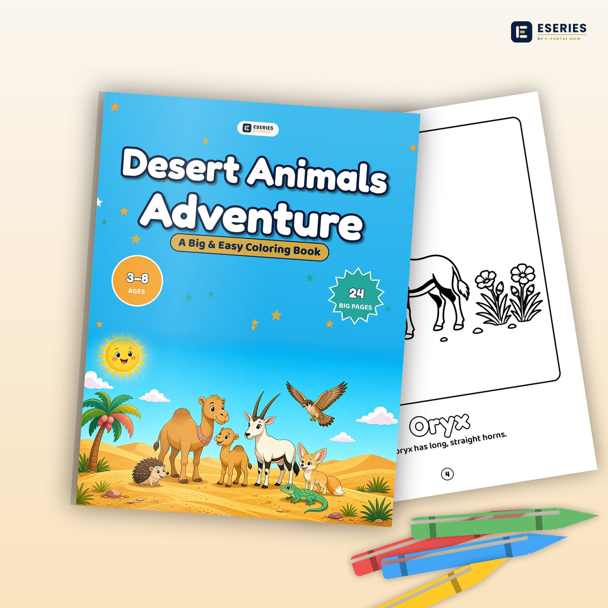 Desert Animals Adventure: book mockup with crayons