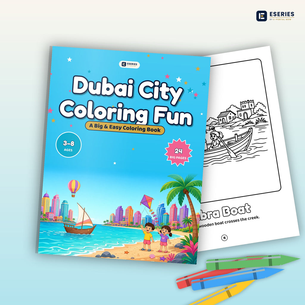 Dubai City Coloring Fun: book mockup with crayons