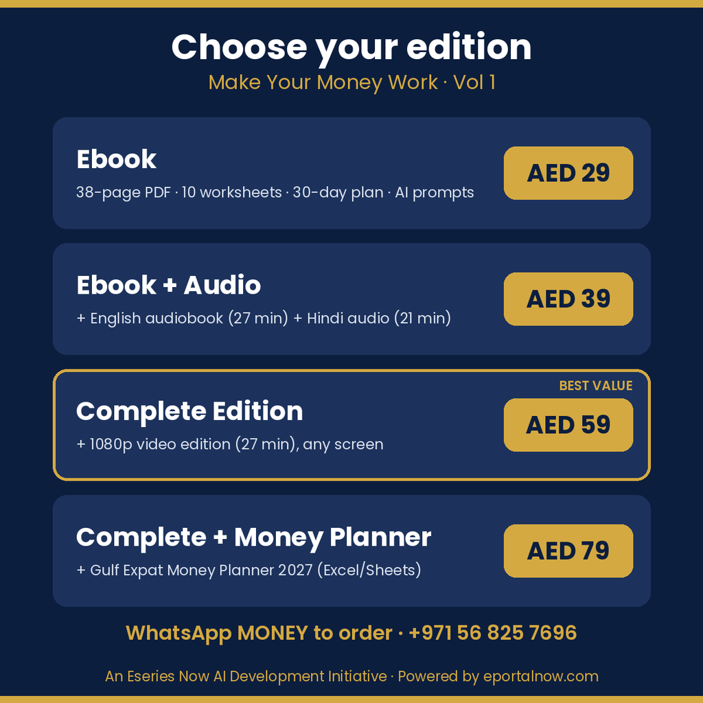 Make Your Money Work editions: Ebook AED 29, Ebook + Audio AED 39, Complete AED 59, Complete + Money Planner AED 79