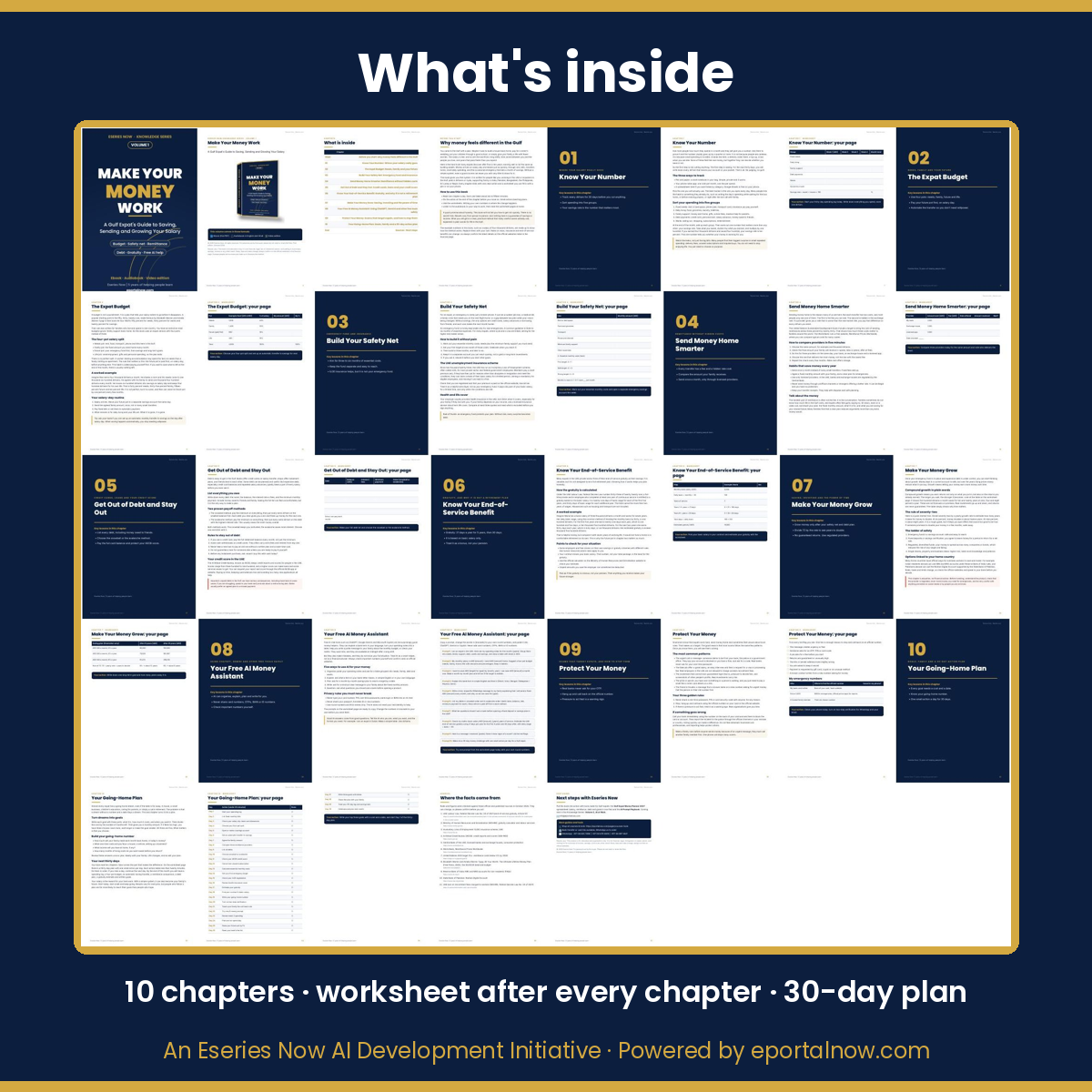 Inside pages of Make Your Money Work: 10 chapters with worksheets and a 30-day plan