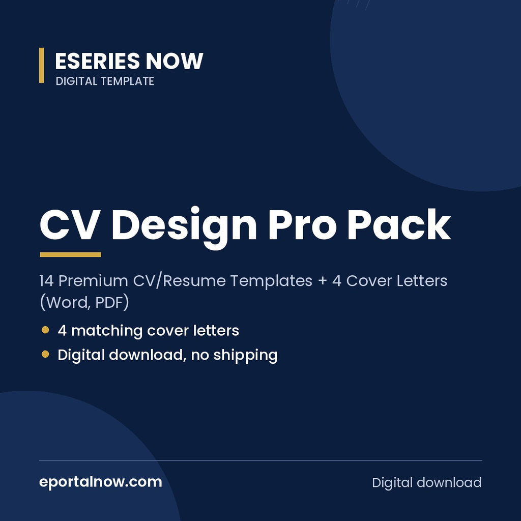 CV Design Pro Pack: 14 Premium CV/Resume Templates + 4 Cover Letters (Word, PDF) | Eseries Now