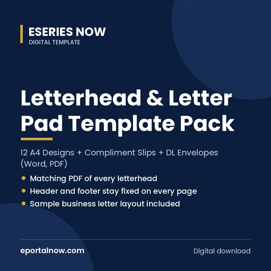 Letterhead & Letter Pad Template Pack: 12 A4 Designs + Compliment Slips + DL Envelopes (Word, PDF) | Eseries Now