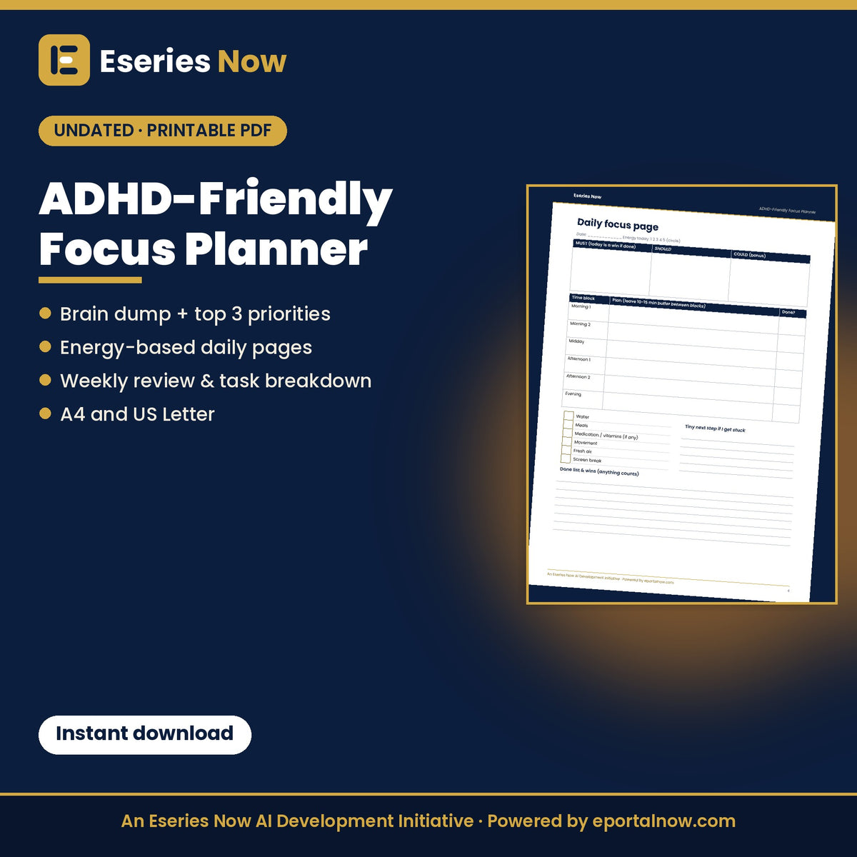 ADHD-Friendly Focus Planner: Undated Daily & Weekly System (Printable PDF) by Eseries Now