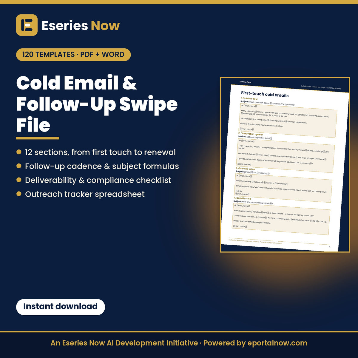 Cold Email & Follow-Up Swipe File: 120 Templates by Eseries Now