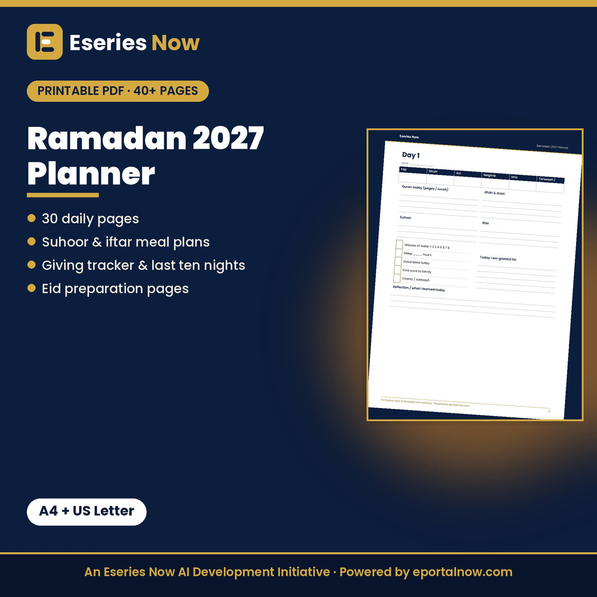Ramadan 2027 Planner for Adults: Daily Goals, Meals, Giving & Eid Prep (Printable PDF) by Eseries Now