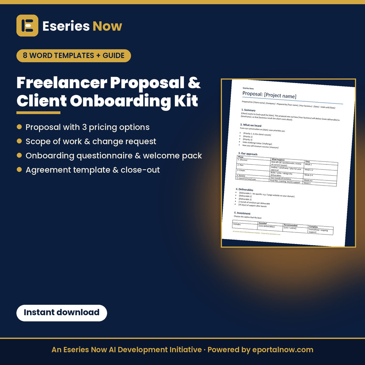 Freelancer Proposal, Scope of Work & Client Onboarding Kit (Word + PDF) by Eseries Now