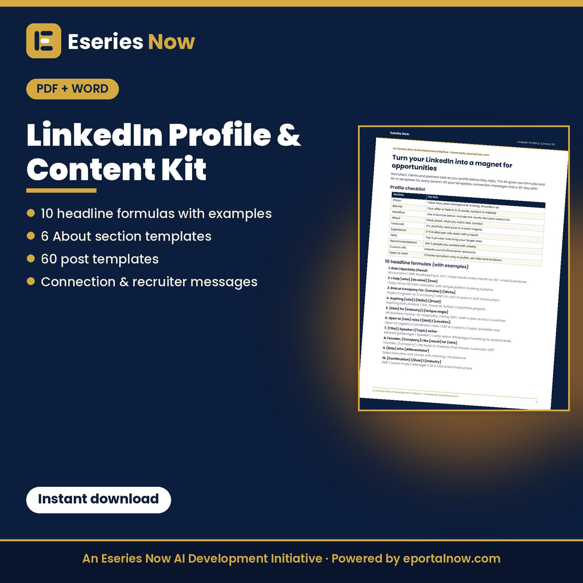 LinkedIn Profile & Content Kit: Headlines, About Section & 60 Post Templates by Eseries Now