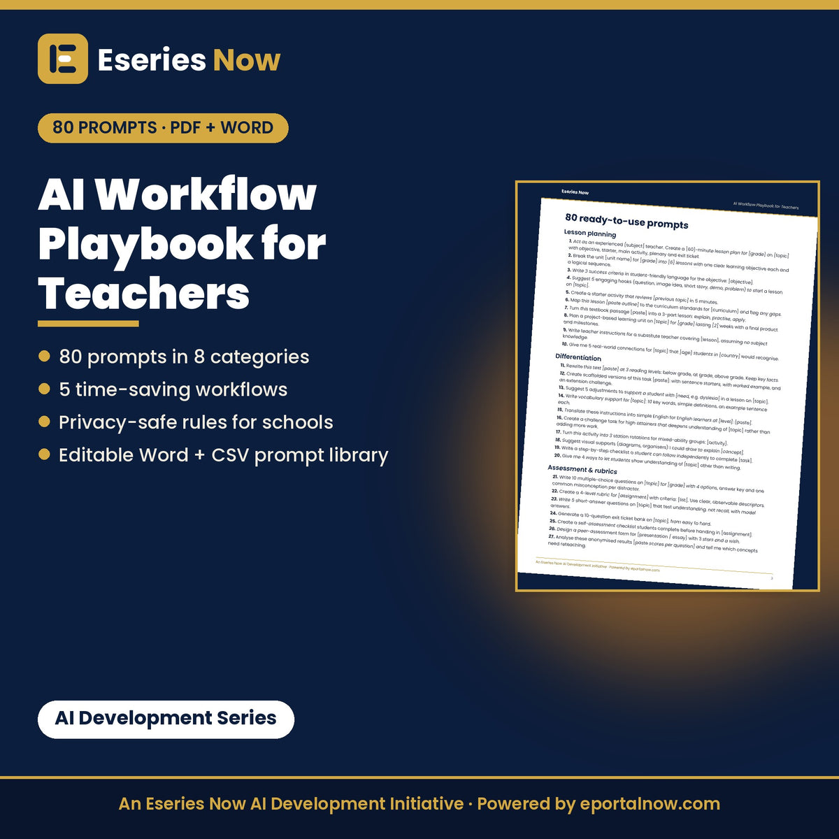 AI Workflow Playbook for Teachers: 80 Prompts + Lesson Workflows (PDF) by Eseries Now