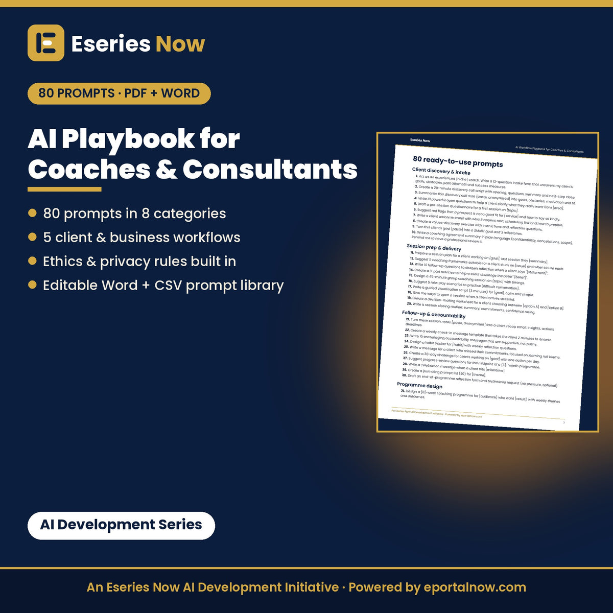 AI Workflow Playbook for Coaches & Consultants: 80 Prompts (PDF) by Eseries Now