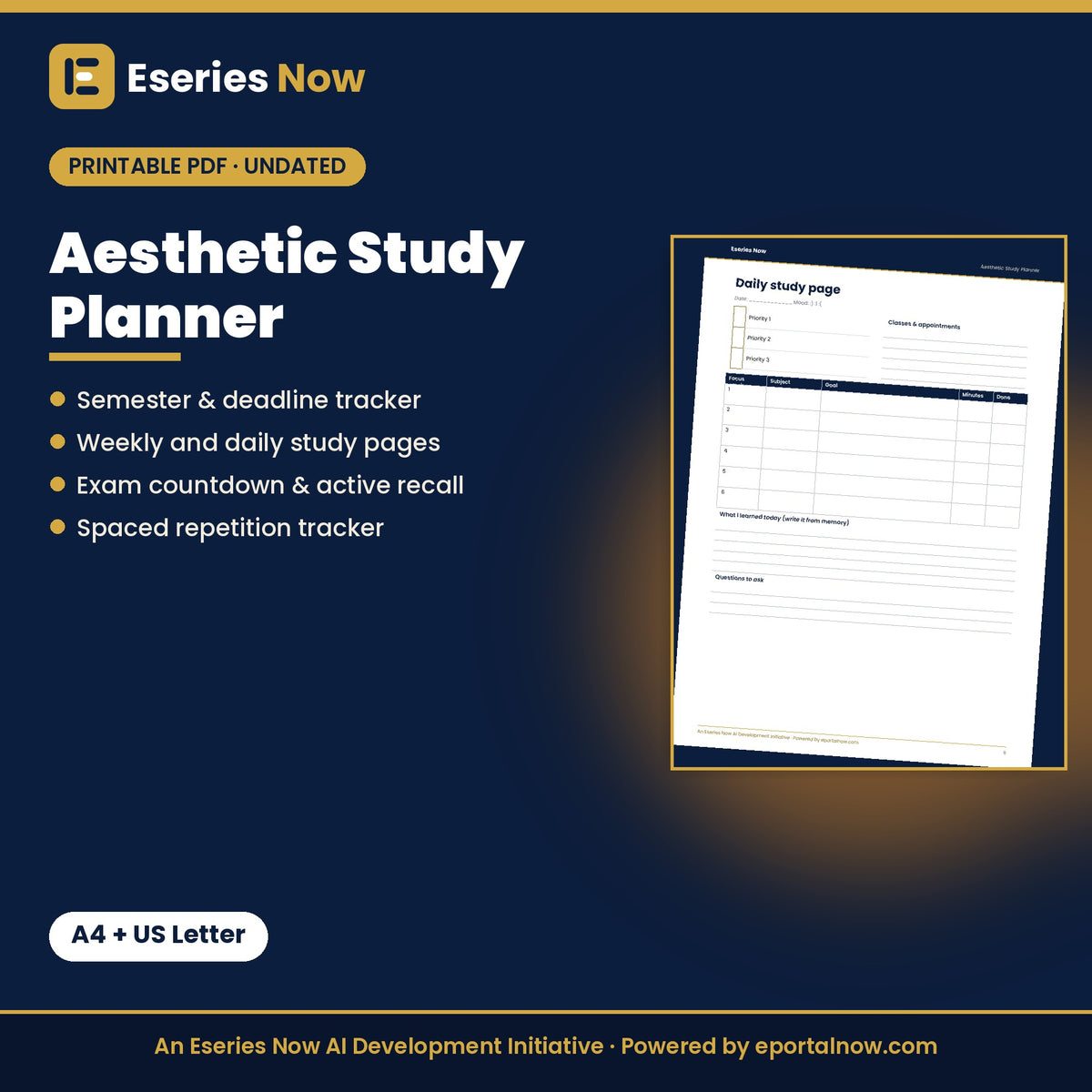 Aesthetic Study Planner: Semester, Weekly & Exam Prep (Printable PDF) by Eseries Now