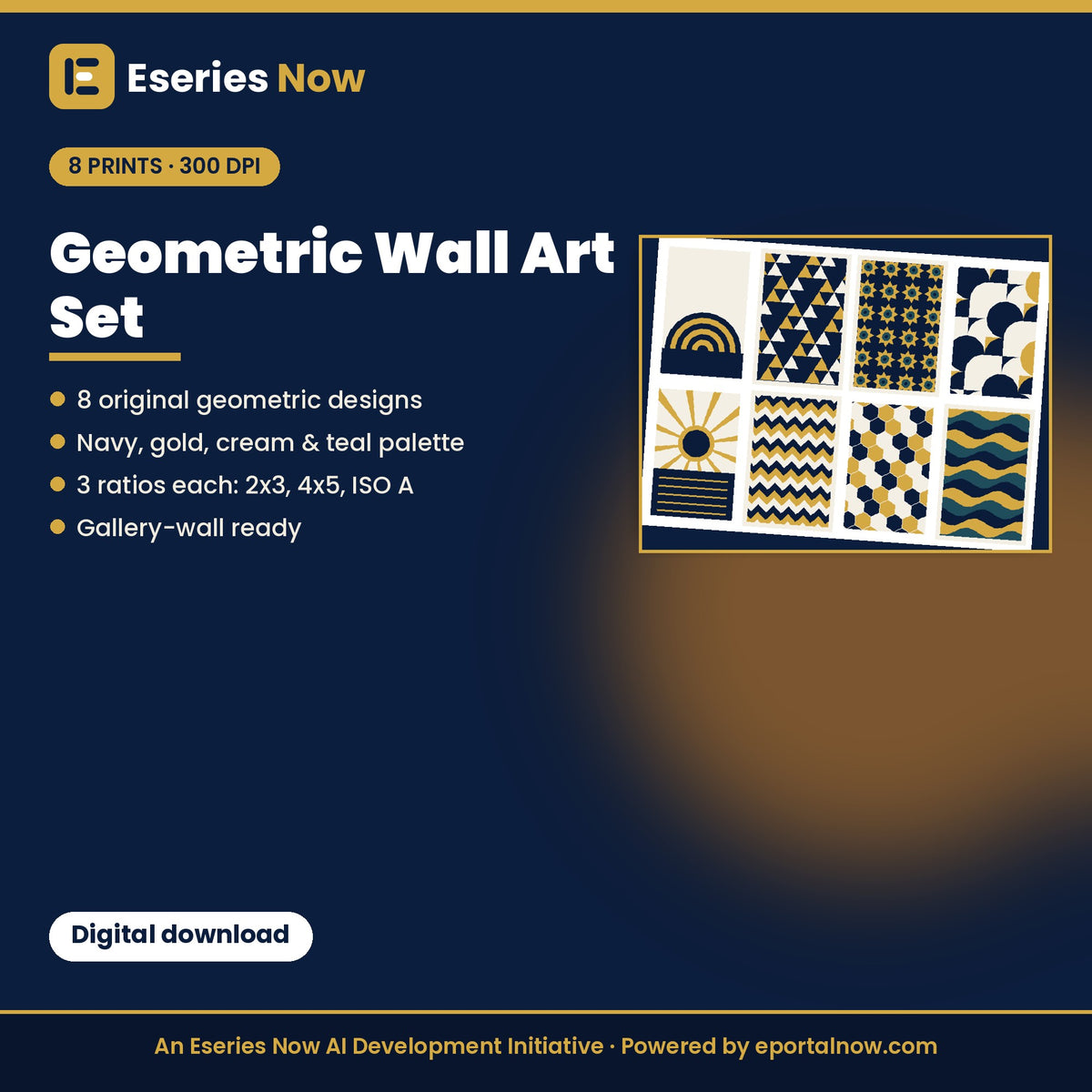Geometric Pattern Wall Art: 8 Printable Prints in Navy & Gold by Eseries Now