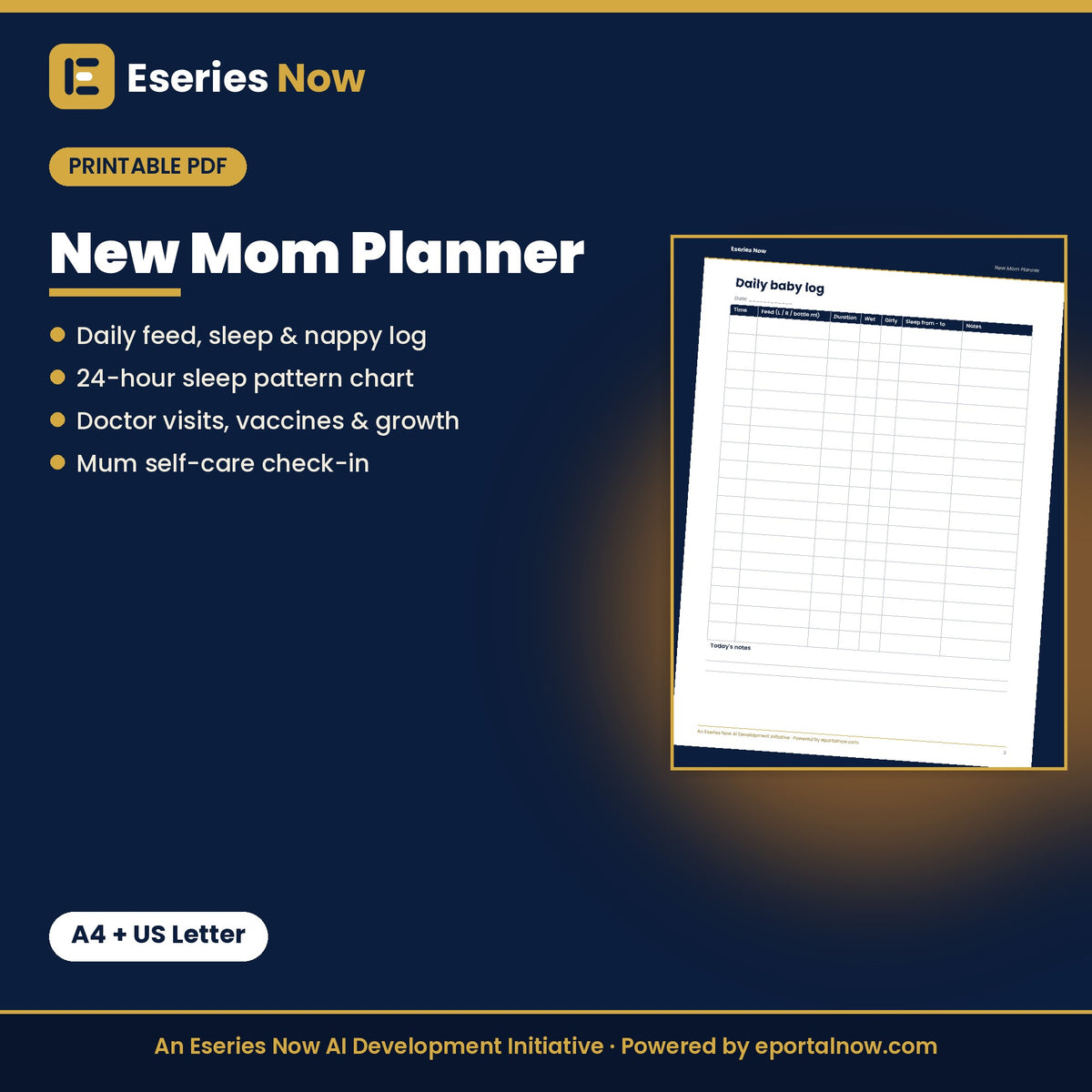 New Mom Planner: Baby Feeding, Sleep, Nappies & Self-Care Tracker (Printable PDF) by Eseries Now