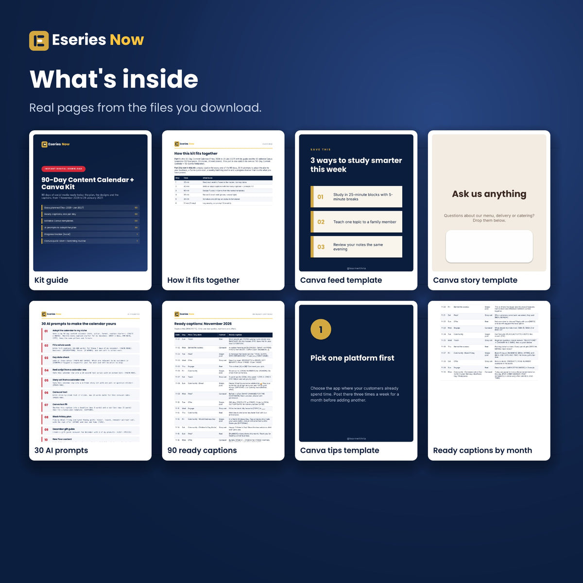 Inside pages of 90-Day Content Calendar + Canva Kit