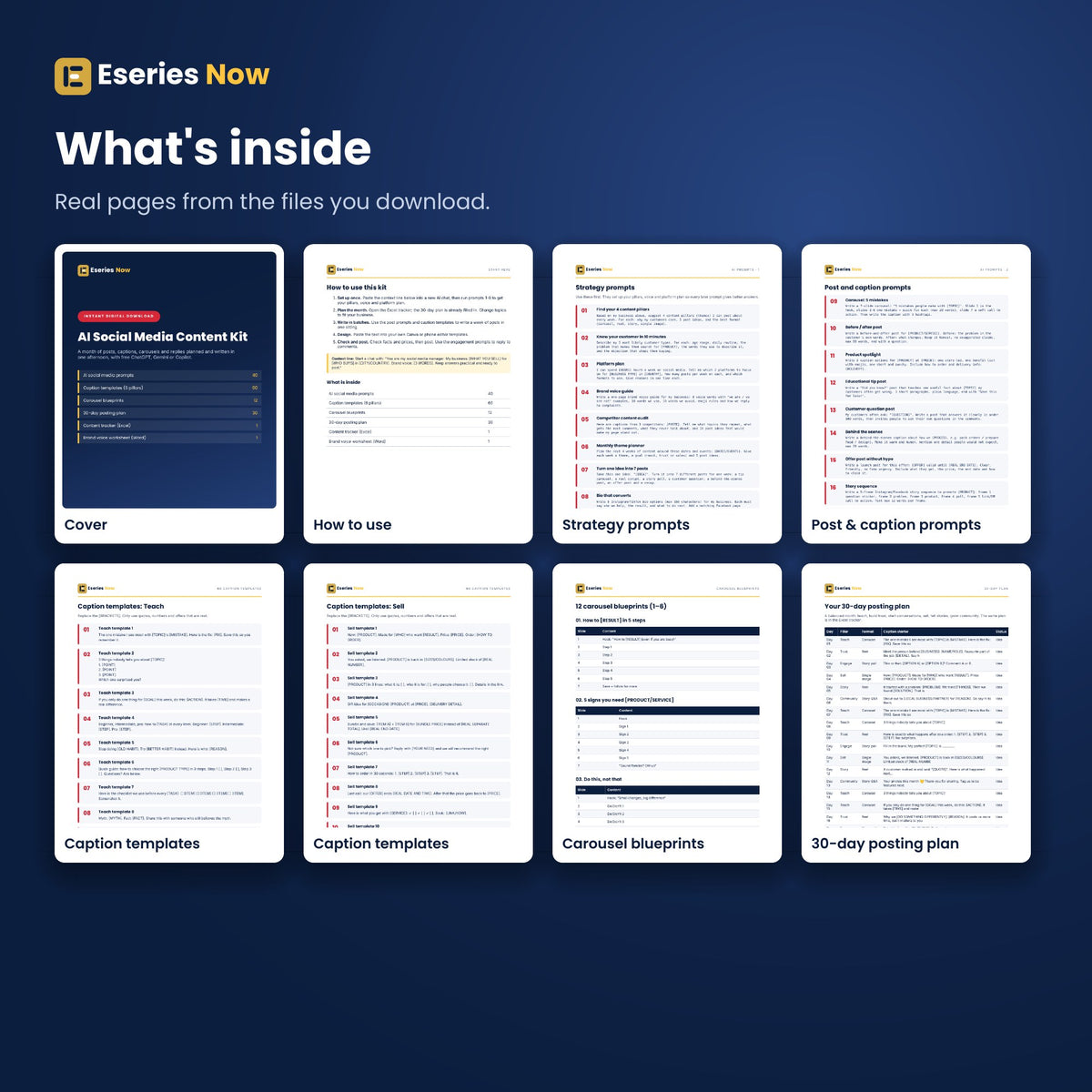 Inside pages of AI Social Media Content Kit
