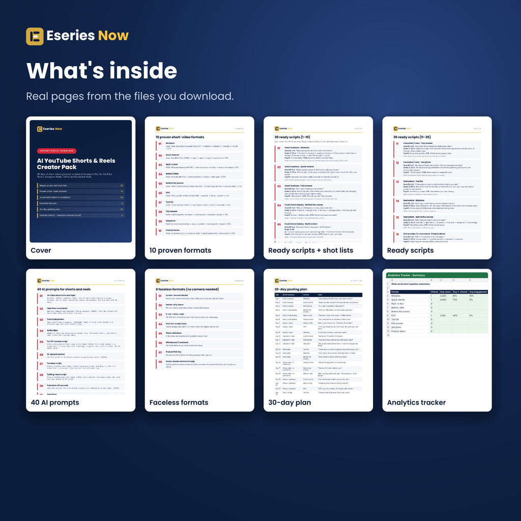 Inside pages of AI YouTube Shorts & Reels Creator Pack