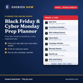 Black Friday and Cyber Monday Prep Planner for Excel and Google Sheets by Eseries Now, showing its 8 tabs