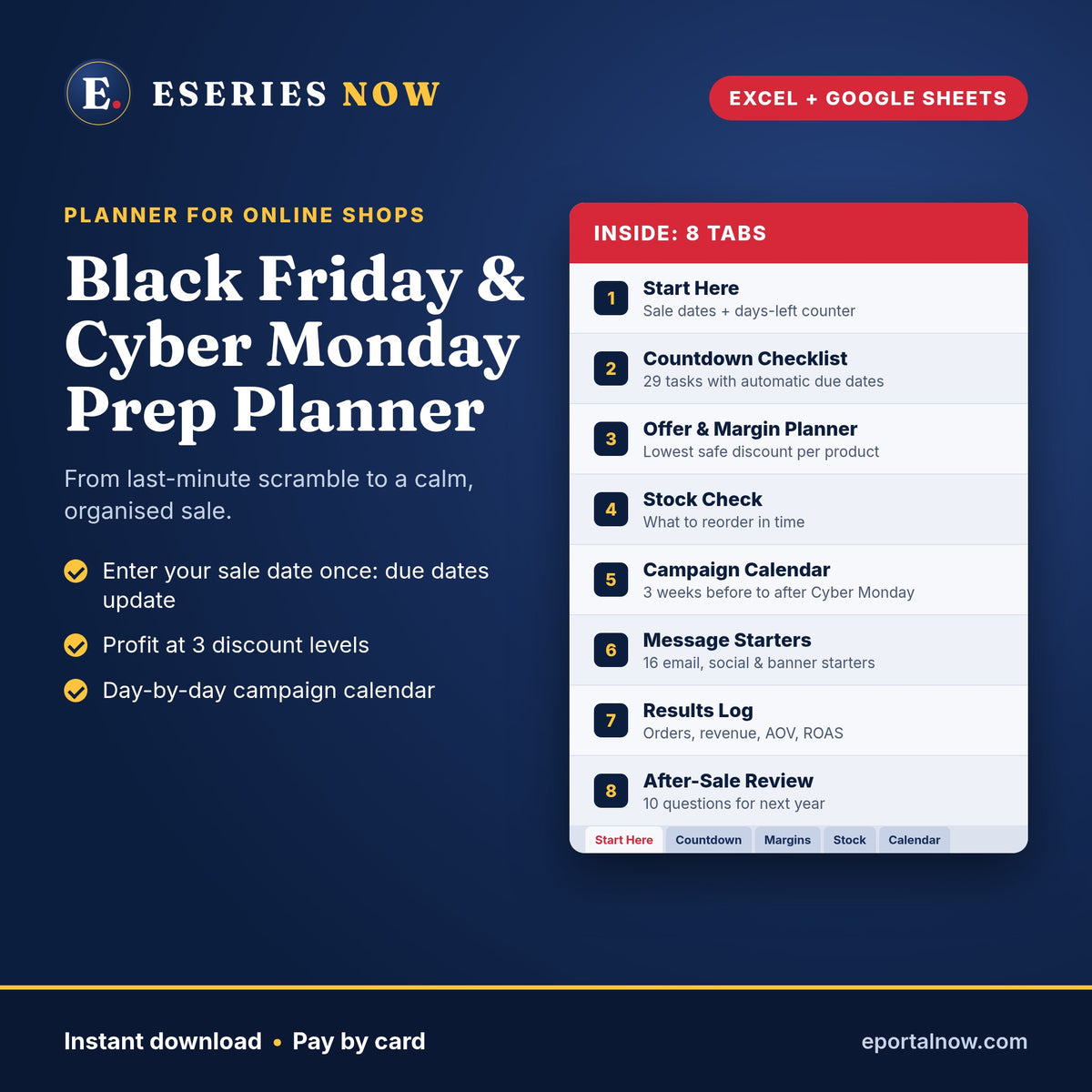 Black Friday and Cyber Monday Prep Planner for Excel and Google Sheets by Eseries Now, showing its 8 tabs