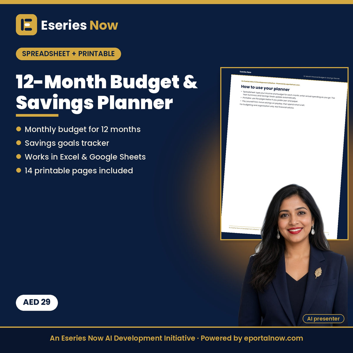 12-Month Personal Budget & Savings Planner by Eseries Now