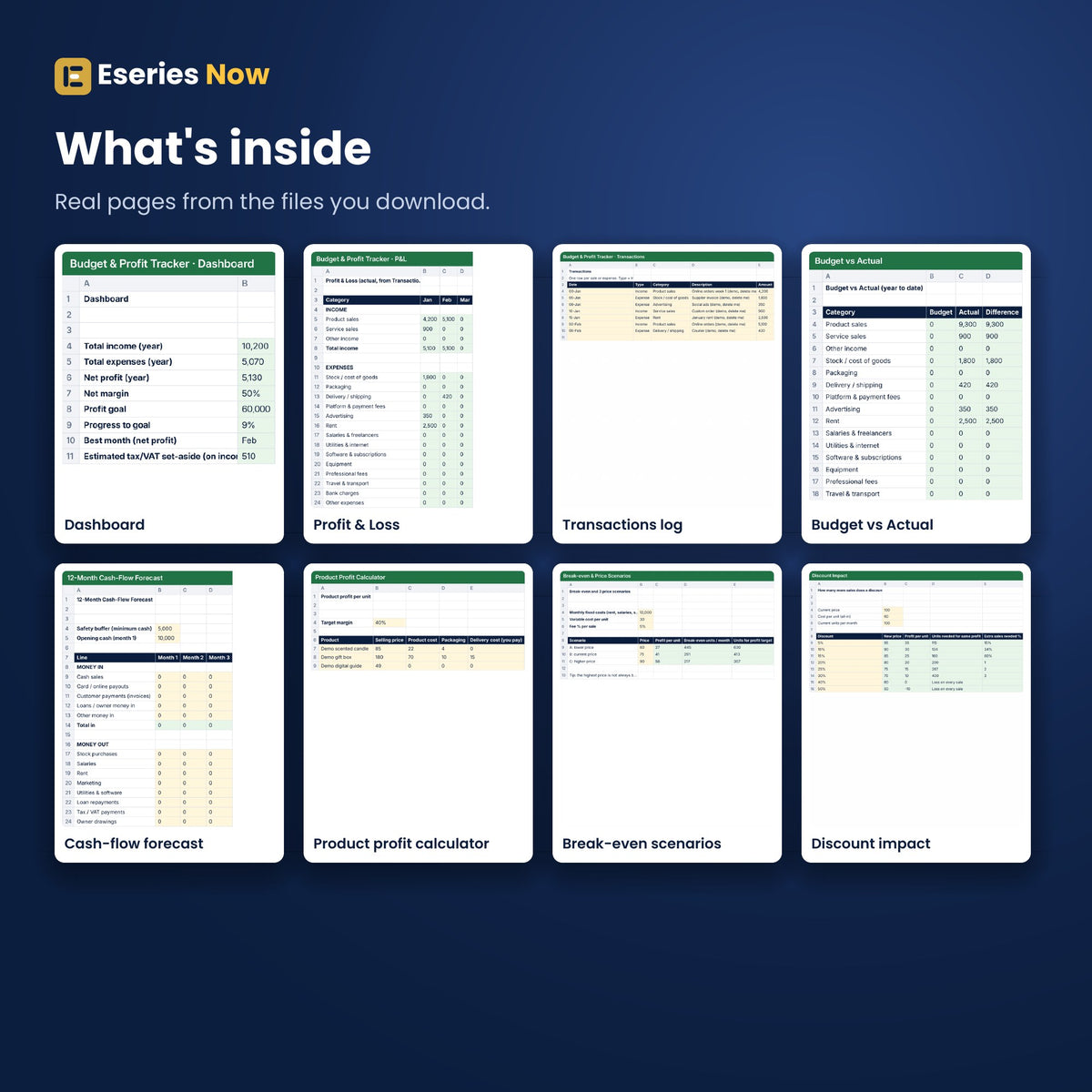 Inside pages of Business Budget + Profit Spreadsheet Pack