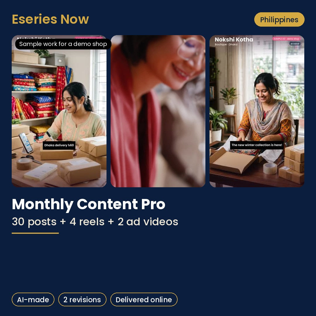 Eseries Now AI content pack for Philippines online sellers, with sample work for a demo shop