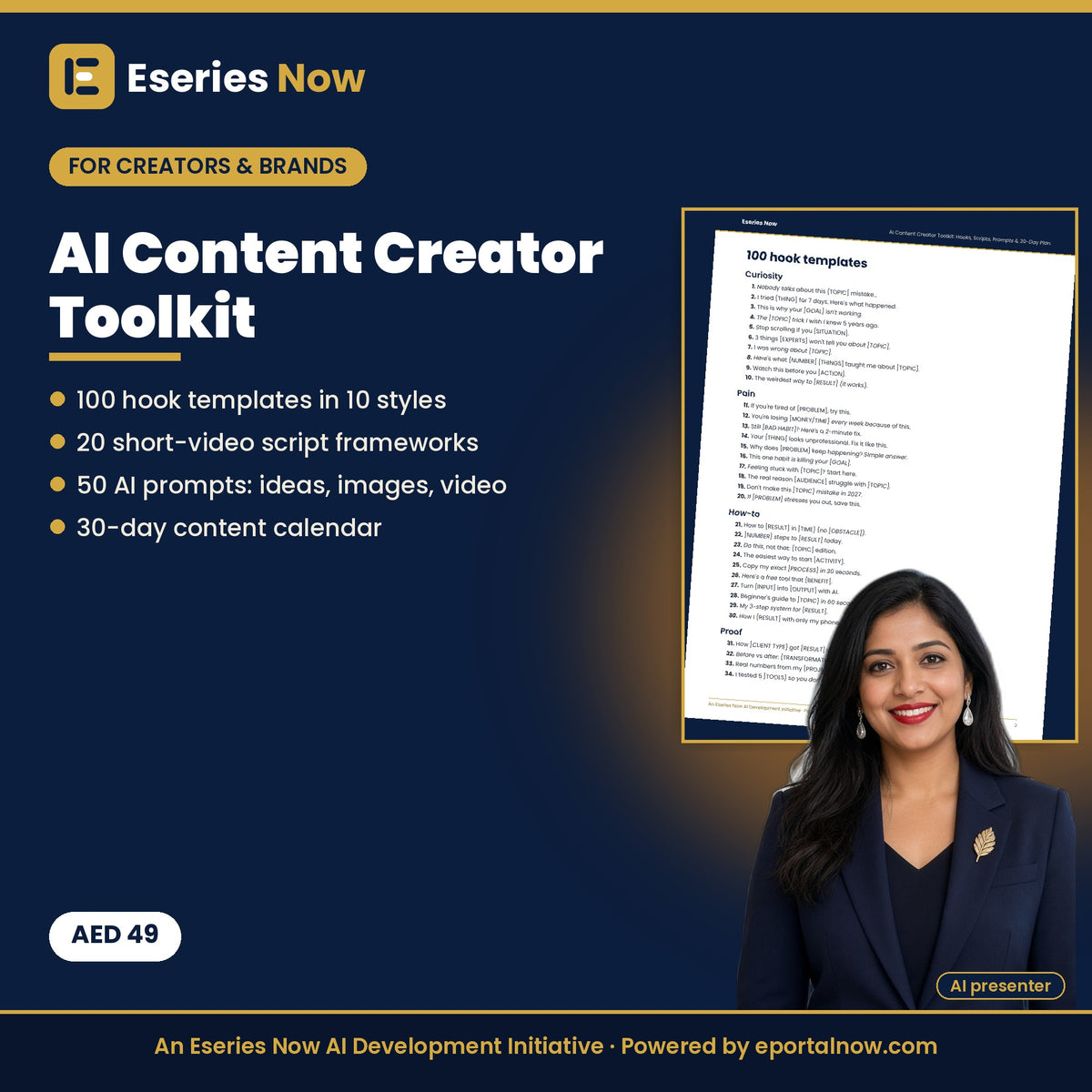 AI Content Creator Toolkit: 100 Hooks, 20 Video Scripts, 50 AI Prompts & 30-Day Plan by Eseries Now