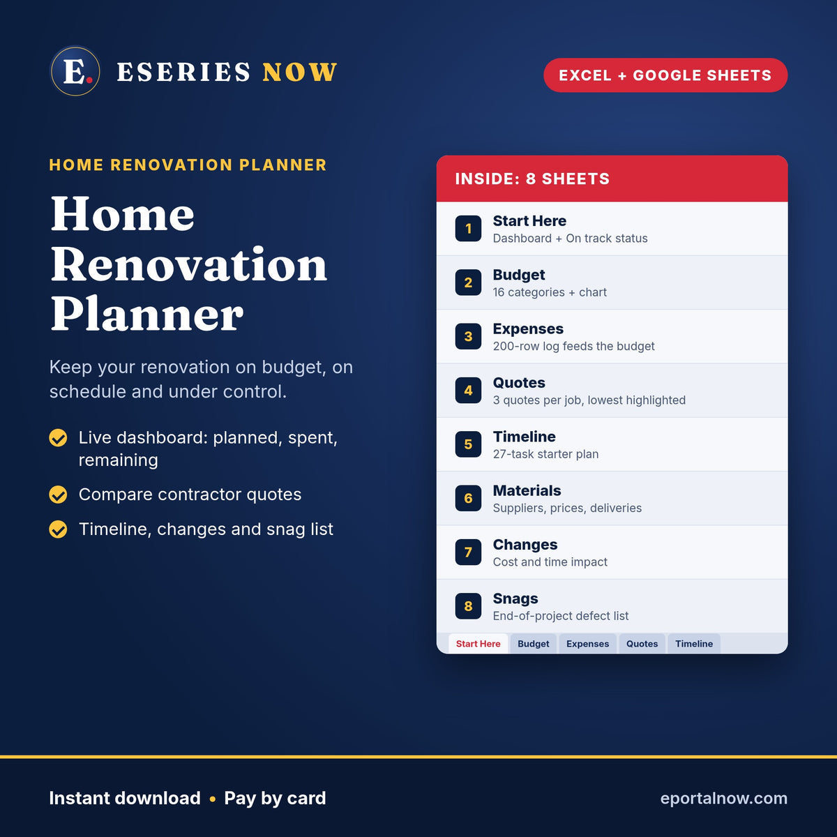 Home Renovation Planner for Excel and Google Sheets by Eseries Now: budget, quotes, timeline and snag list