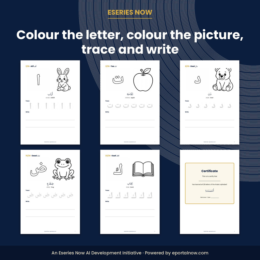 Inside preview: Arabic–English Alphabet Colouring & Tracing Book (28 Letters, PDF)