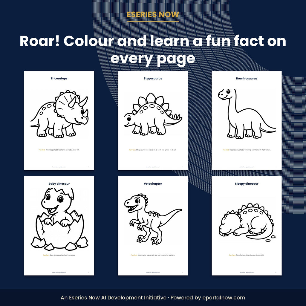 Inside preview: Dinosaur Colouring Book with Fun Facts (18 Pages, Printable PDF)