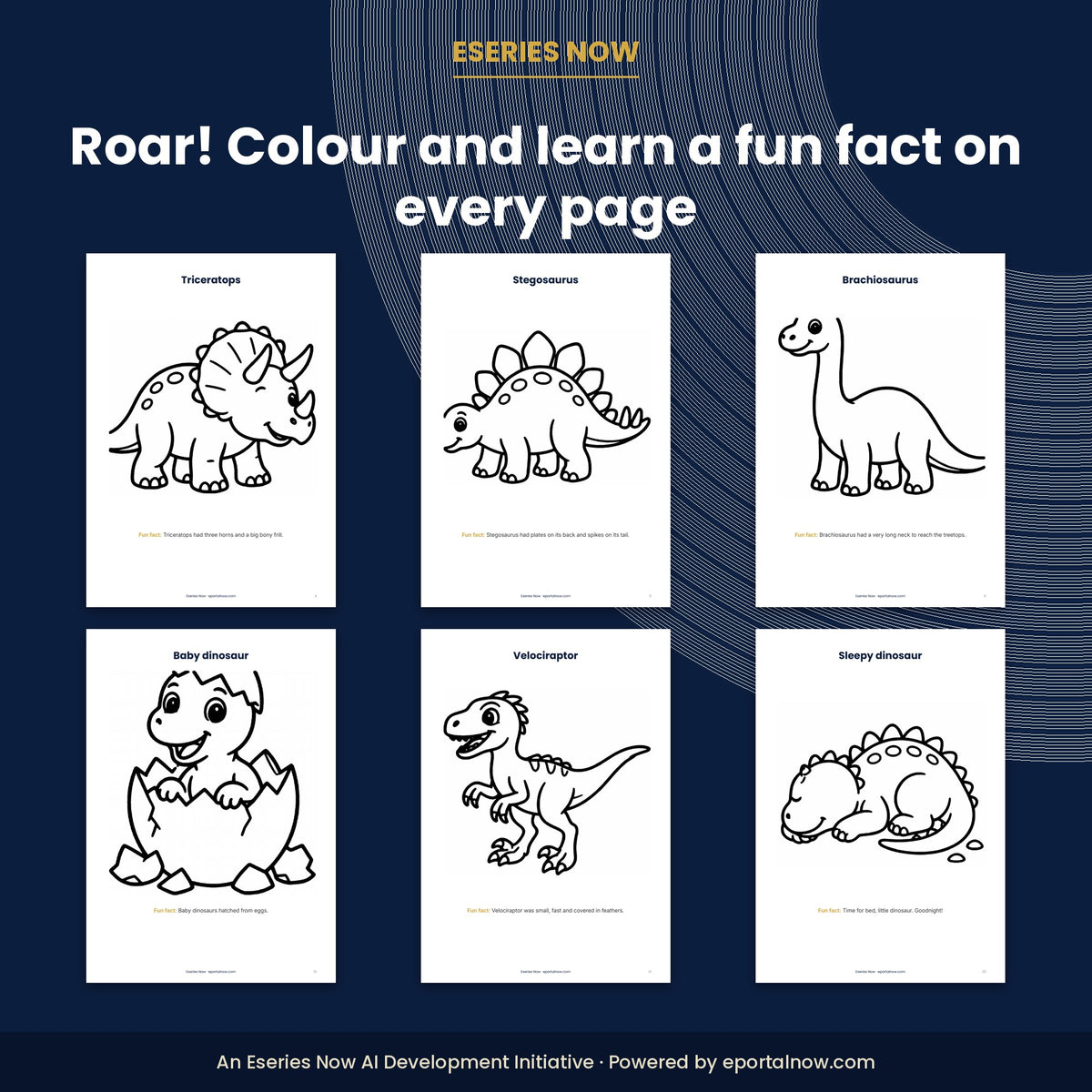 Inside preview: Dinosaur Colouring Book with Fun Facts (18 Pages, Printable PDF)