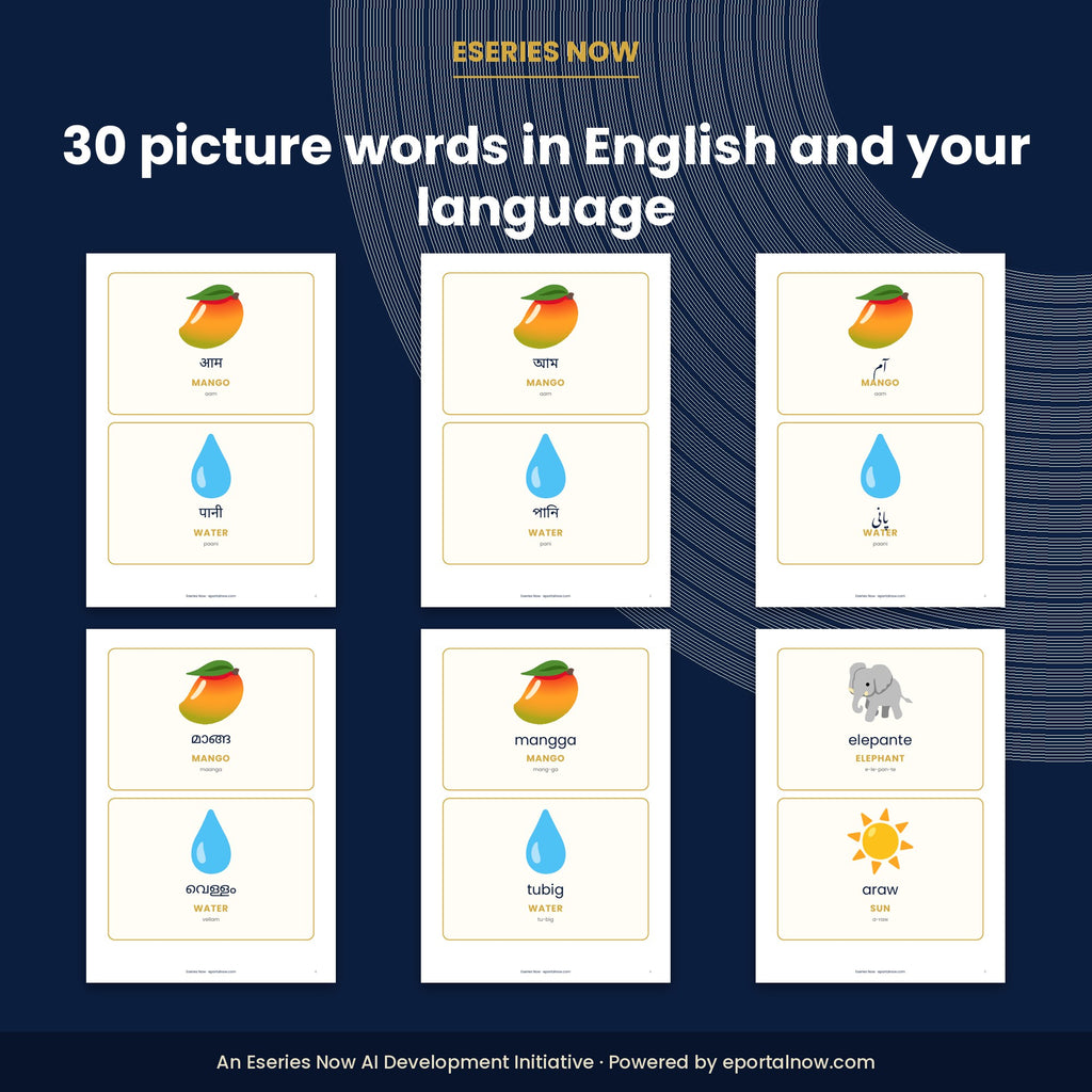 Inside preview: My First Words: Bilingual Picture Book (English + Hindi, Bengali, Urdu, Malayalam or Filipino, PDF)