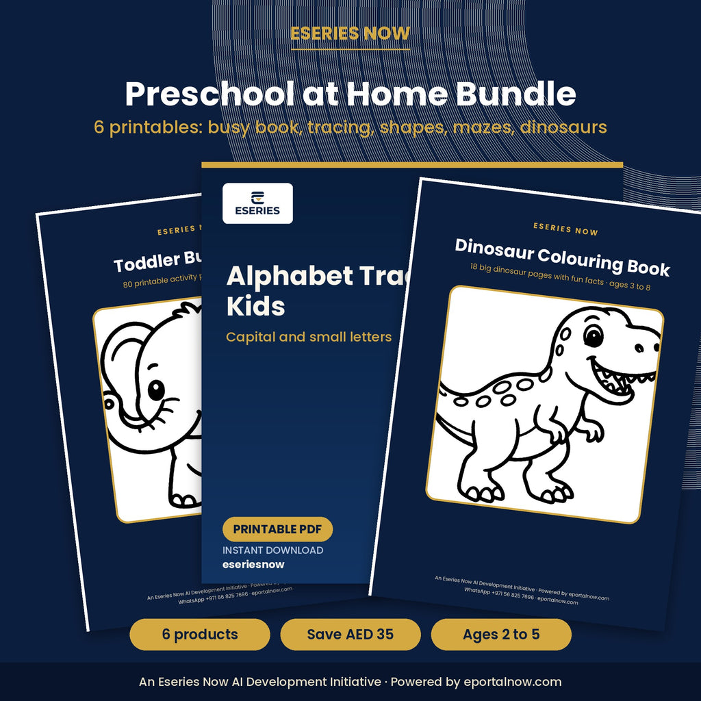 Preschool at Home Bundle: Busy Book, Tracing, Shapes, Mazes & Dinosaur Colouring (6 Printables)