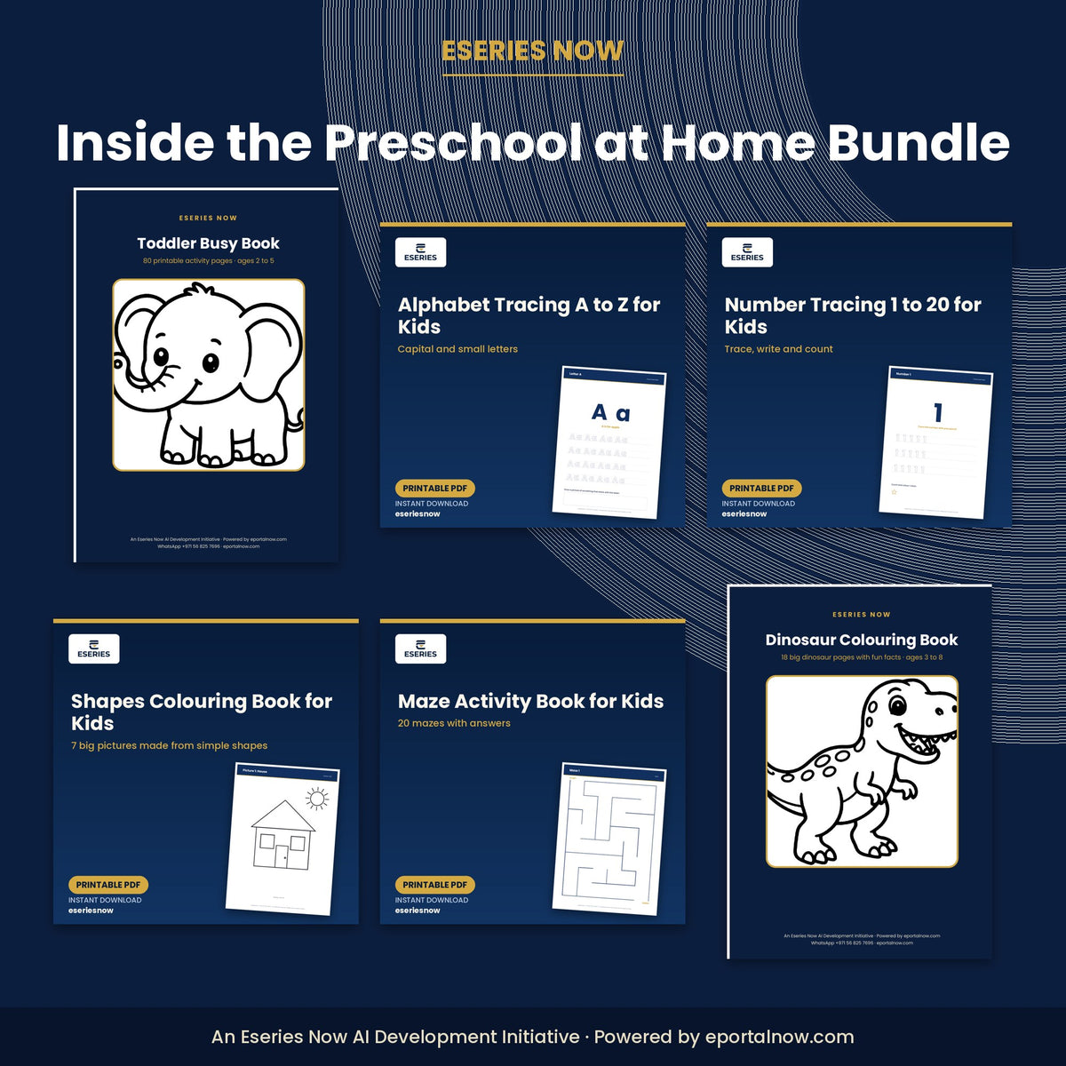 Inside preview: Preschool at Home Bundle: Busy Book, Tracing, Shapes, Mazes & Dinosaur Colouring (6 Printables)