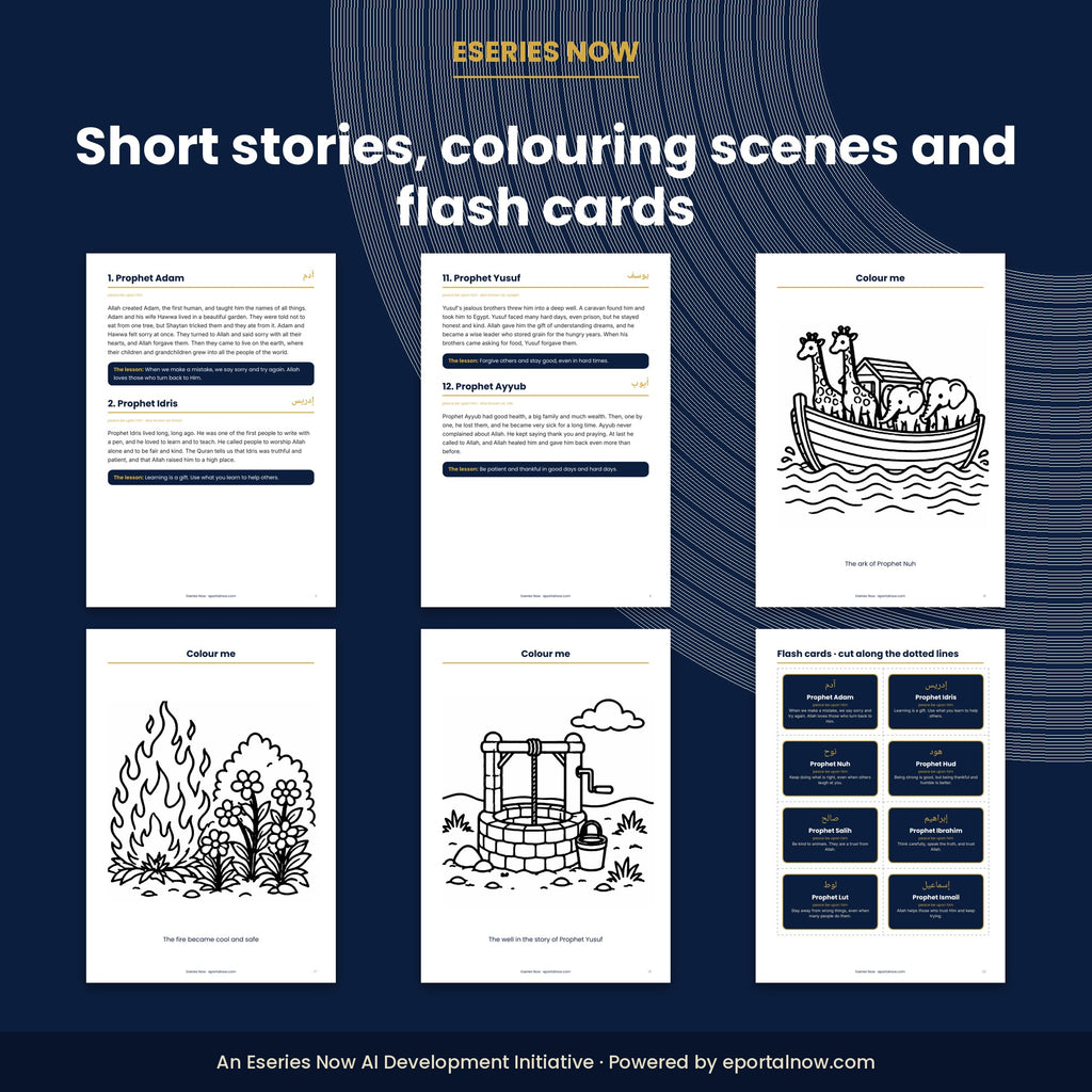 Inside preview: Stories of the Prophets for Kids: 25 Stories, Colouring Pages, Flash Cards & Audio (PDF + MP3)
