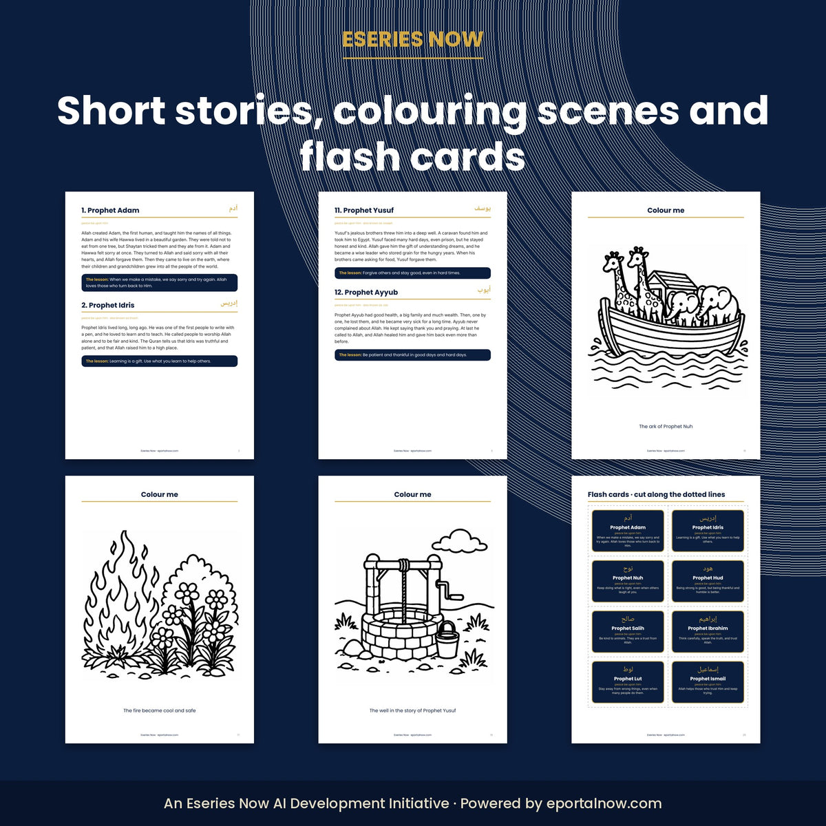 Inside preview: Stories of the Prophets for Kids: 25 Stories, Colouring Pages, Flash Cards & Audio (PDF + MP3)
