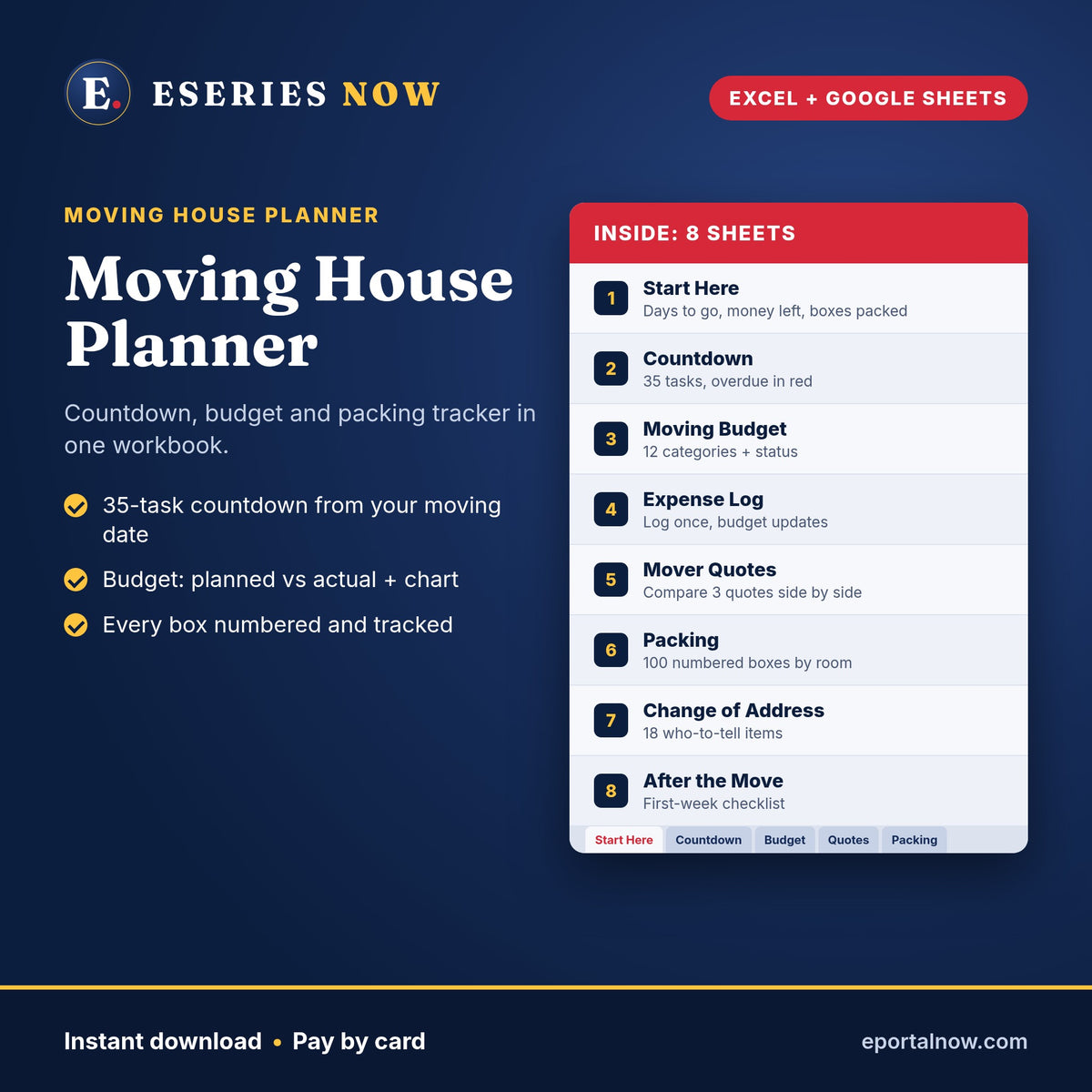Moving House Planner for Excel and Google Sheets by Eseries Now: countdown, budget and packing tracker