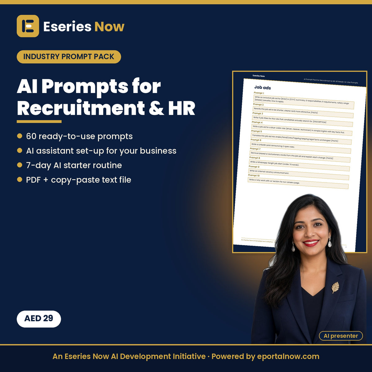 AI Prompt Pack for Recruitment & HR: 60 ChatGPT Prompts + AI Assistant Set-up by Eseries Now