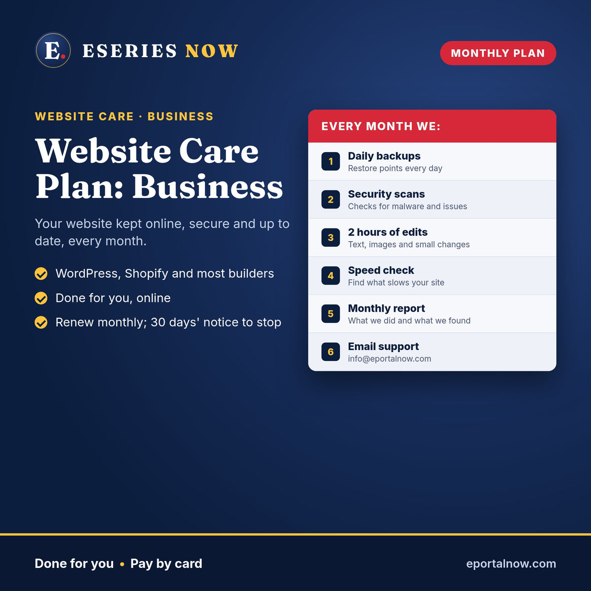 Website Care Plan: Business by Eseries Now: daily backups, security scans, 2 hours of edits, speed check, monthly report, email support
