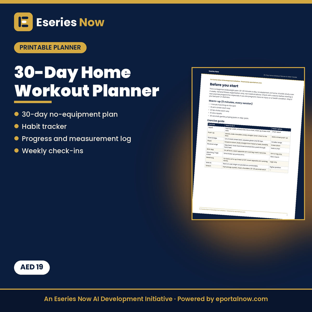30-Day Home Workout Planner & Habit Tracker (Printable PDF) by Eseries Now