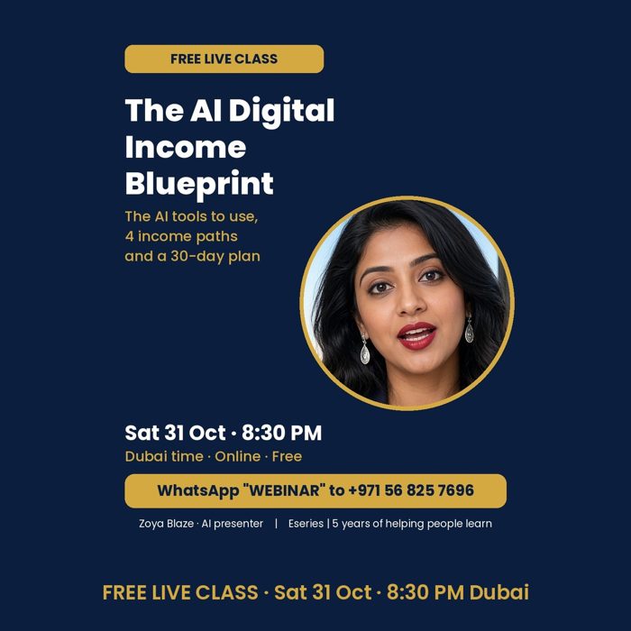 FREE Live Class Seat: The AI Digital Income Blueprint (Sat 31 Oct, 8:30 PM Dubai)