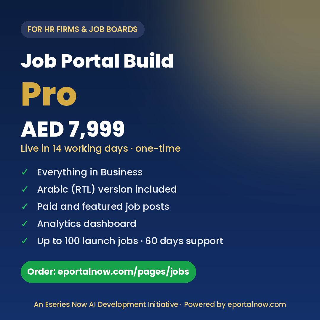 Job Portal Build Pro package, AED 7,999, live in 14 working days