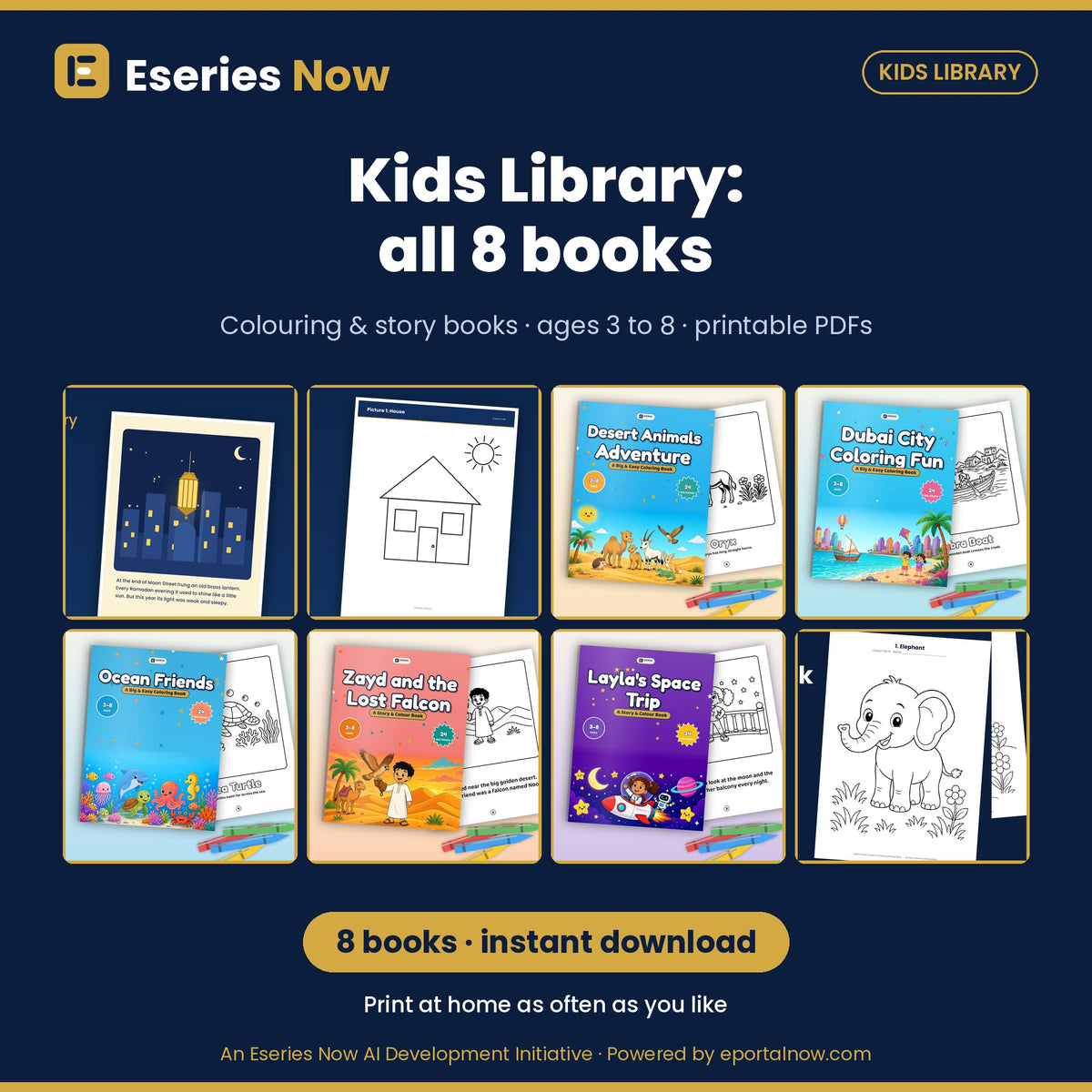 Kids Library: all 8 colouring and story books, Eseries Now