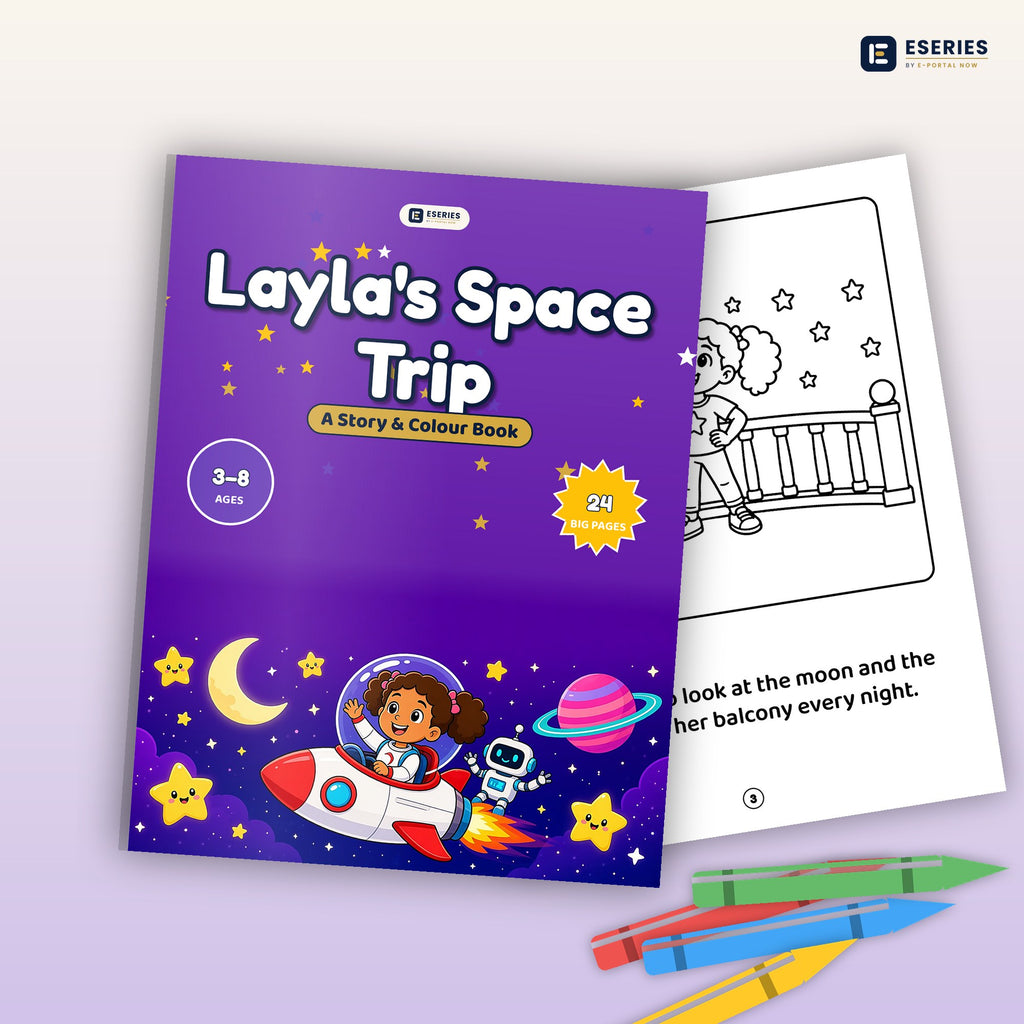 Layla's Space Trip: book mockup with crayons