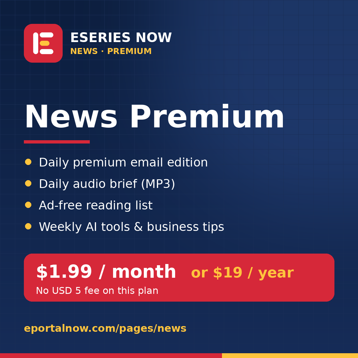 Eseries Now News Premium: daily email edition, audio brief, ad-free reading list, weekly AI tools digest. $1.99 a month or $19 a year